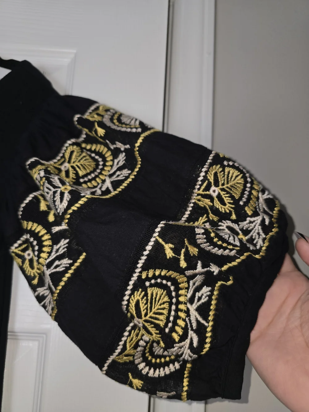 Free People Boho Black Women's Off-Shoulder Top with Embroidered Puff Sleeves M